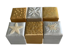 Load image into Gallery viewer, Silver And Gold Satin Hand Detailed Favour Boxes With Hinged Lid (Pack of 6 Boxes)
