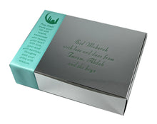 Load image into Gallery viewer, AB8 - Silver Personalised Eid Mubarak Mithai Sweet boxes with themed aqua satin ribbon and green wording, suitable for mithai, barfi etc
