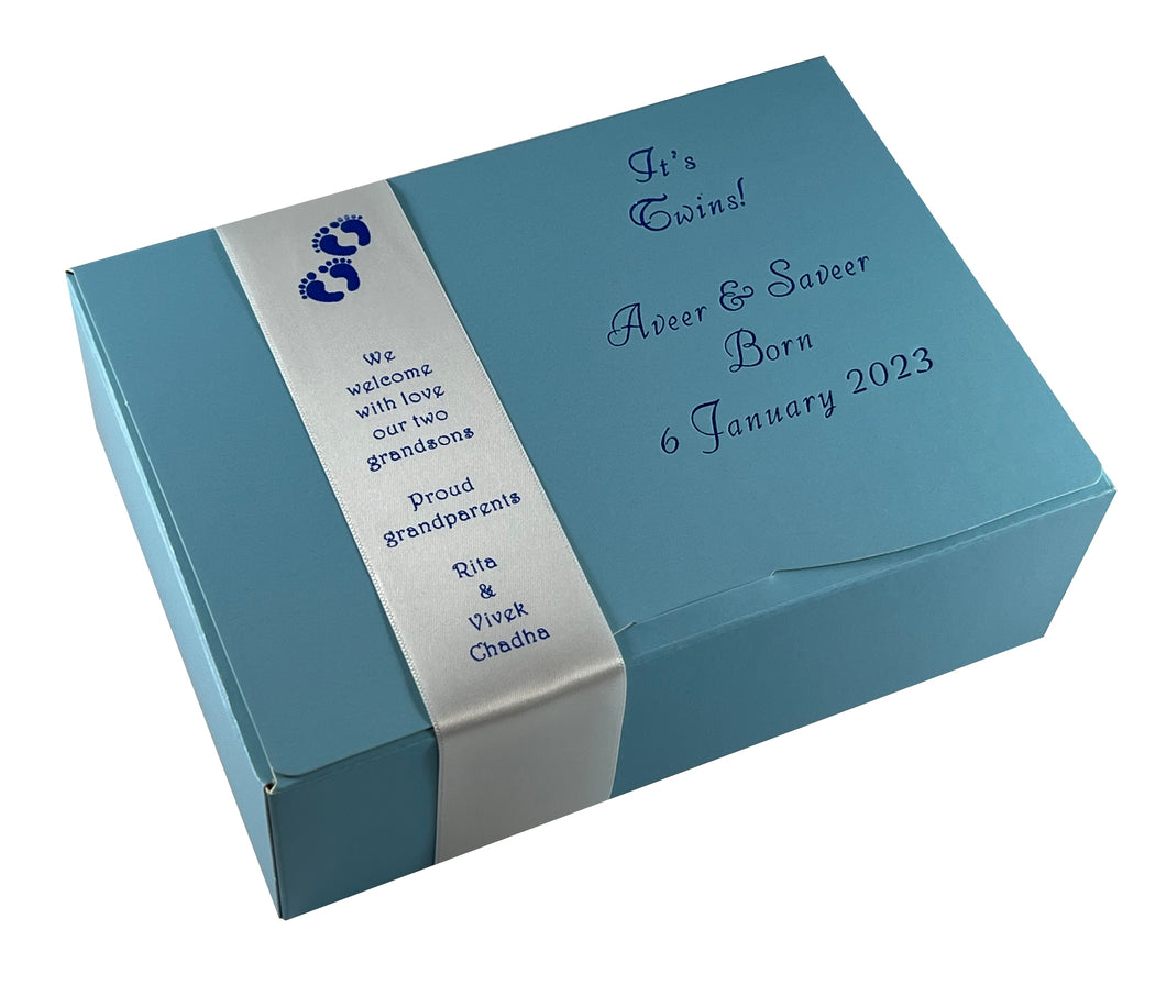 AB8 - Mithai Boxes Personalized Suitable for 1/2kg of sweets Twins birth design