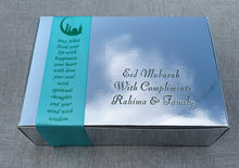 Load image into Gallery viewer, AB8 - Silver Personalised Eid Mubarak Mithai Sweet boxes with themed aqua satin ribbon and green wording, suitable for mithai, barfi etc
