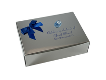 Load image into Gallery viewer, AB7 - Gloss Silver Mithai Boxes Personalized Suitable for 1/2kg of sweets Baby Birth design
